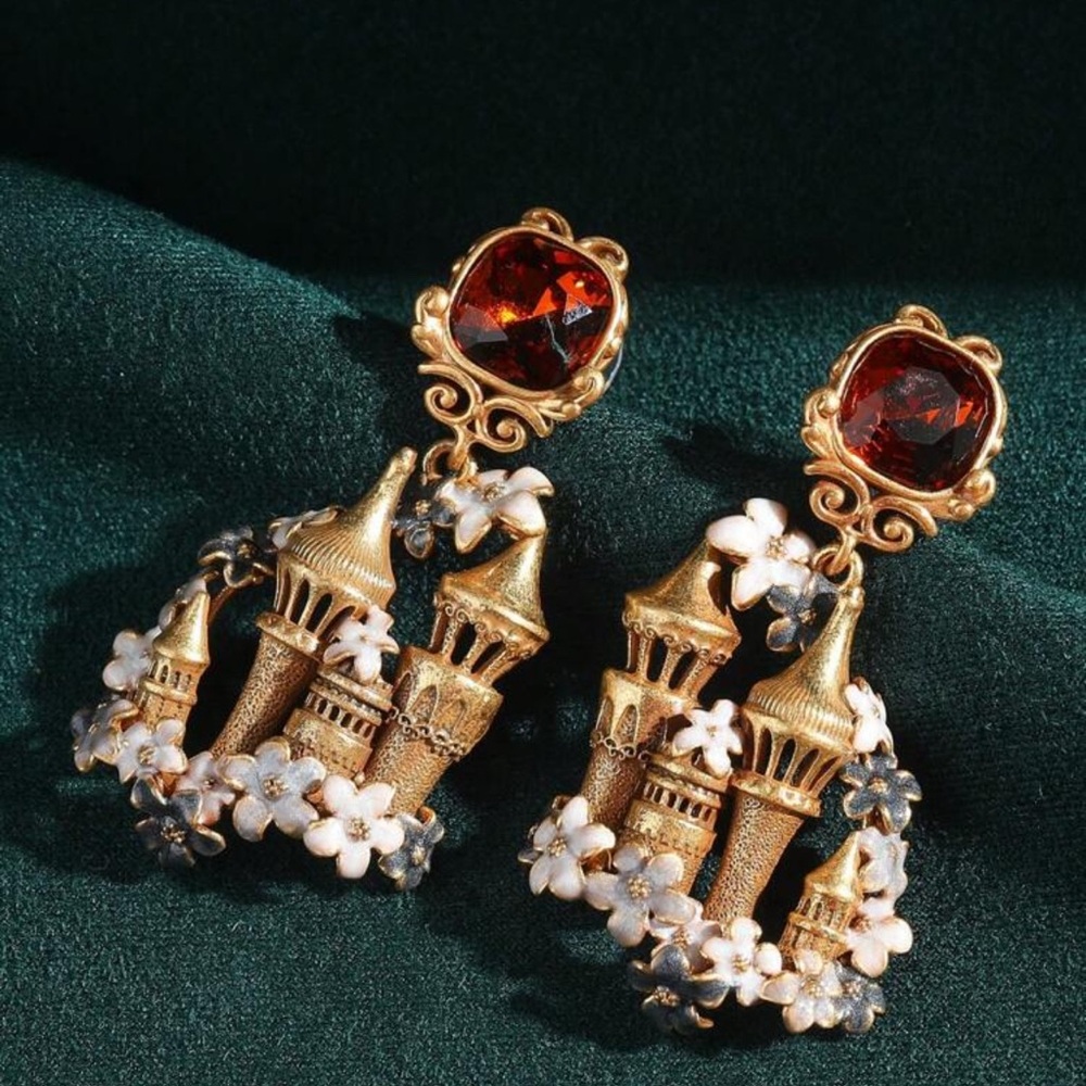 Gold and Red Castle Drop Earrings
